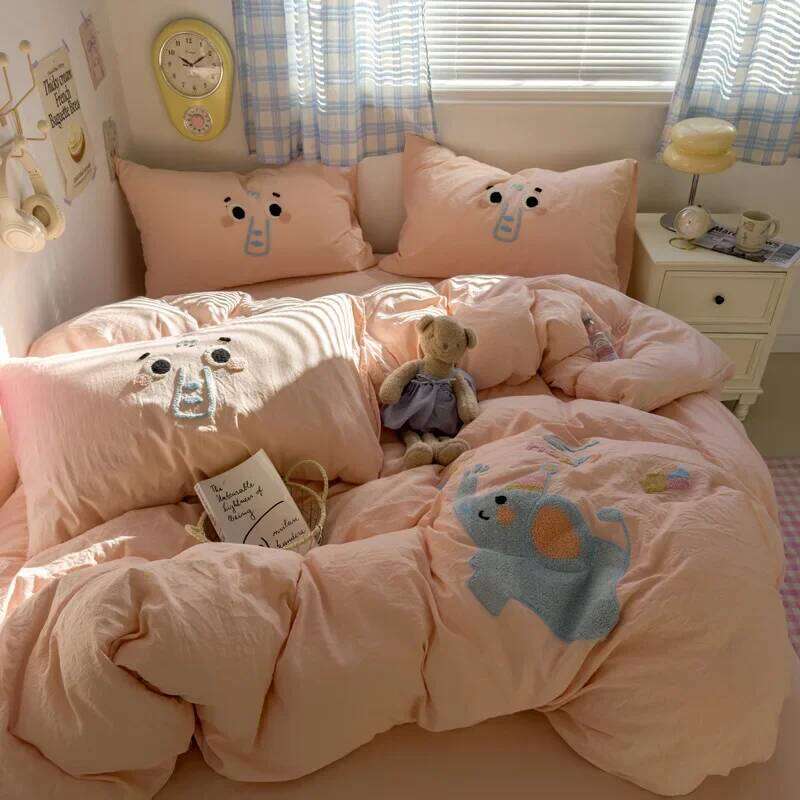 2025 new student cartoon washed cotton towel embroidered three or four-piece set bed sheet quilt cover mattress bedding H260312 - view 6
