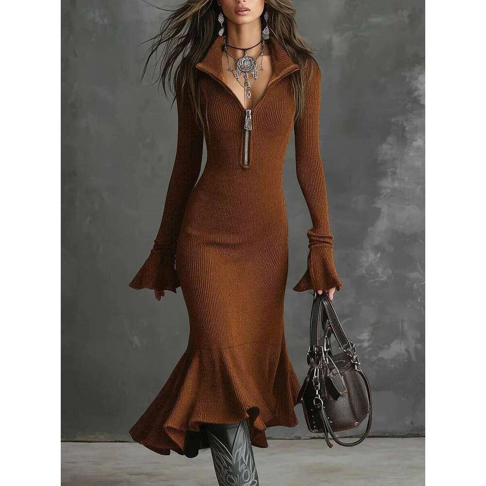 European American New Fashion Women's Slim Solid Color Casual Trendy Daily Turn-down Collar Long Sleeve Knitted Trumpet Dress Z260313