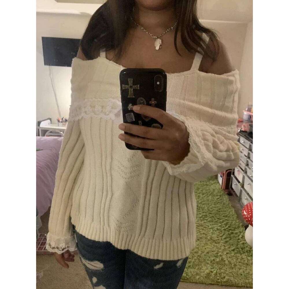 Women Long Sleeve Contrast Lace Knit Pullovers Autumn Winter Cold Shoulder Sweaters Bow Front Jumper Tops Beige/Pink Z260314
