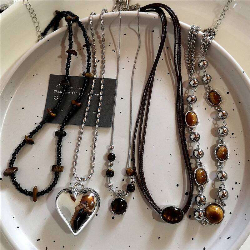Kpop Trendy Punk Vintage Stones Heart Pendant Necklace For Women Men Gothic Hip-Hop Fashion Aesthetic Charm Jewelry Accessories H260312