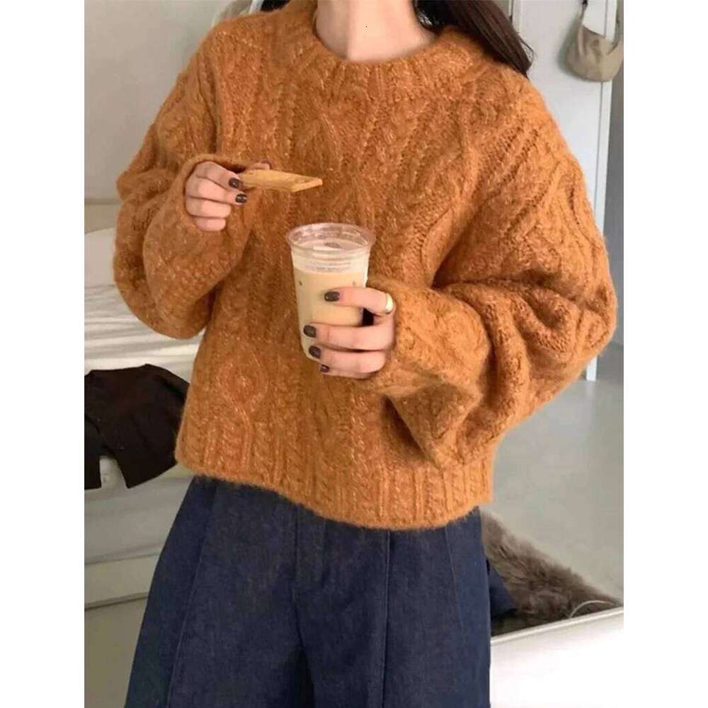 Autumn Winter Thicken Warm Cropped Knitted Pullover Women Japanese Twist Sweater Woman Lazy Style Baggy O-Neck Jumpers Z260313