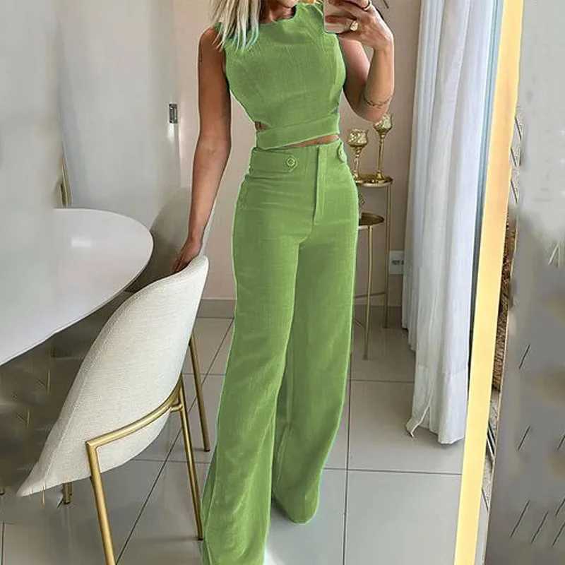 Elegant Slim Sets For Women 2 Pieces Sexy Sleeveless Crop Top high waist Pants Suits Solid Outifit Y2K Sweet Style Womens Set M260313