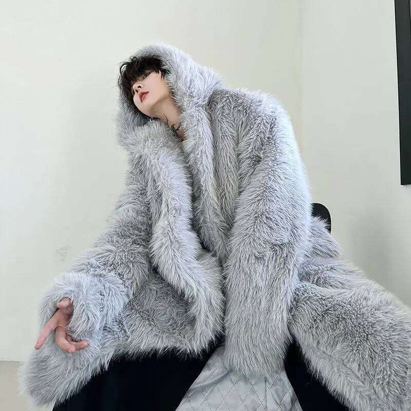 Faux Fur Coats Men Casual Hooded Jackets Solid Round Neck Full Sleeve Longline Loose Fit Single Bteasted Thick Warm 2025 Winter Z260313