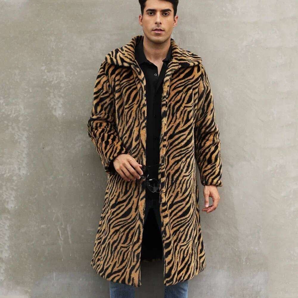 Men Faux Fox Coat Winter Zebra-stripe Thick Fluffy Warm Shaggy Outerwear Luxury Fur Long Jacket Bontjas Jackets Mens Z260313