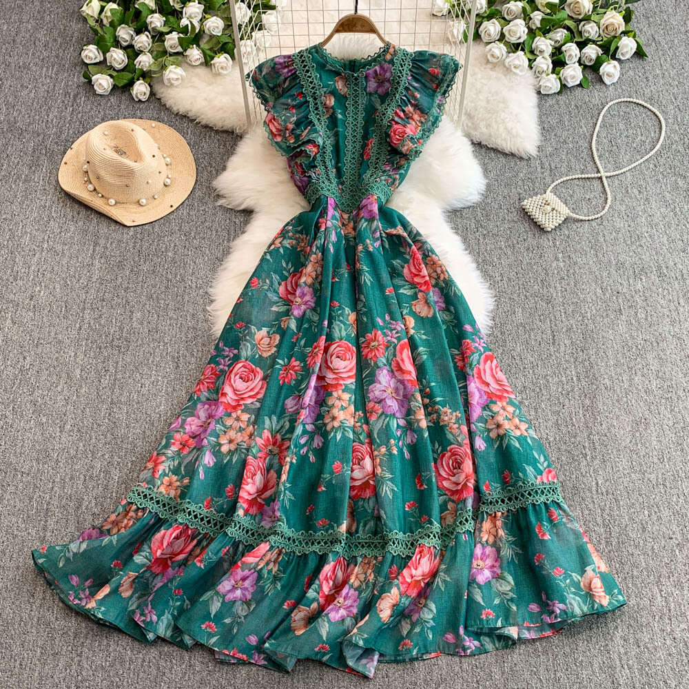 French Elegant Women's 2026 New Vintage Lace Splicing Waist, Fashionable Printed A12 Ruffle Long Dress