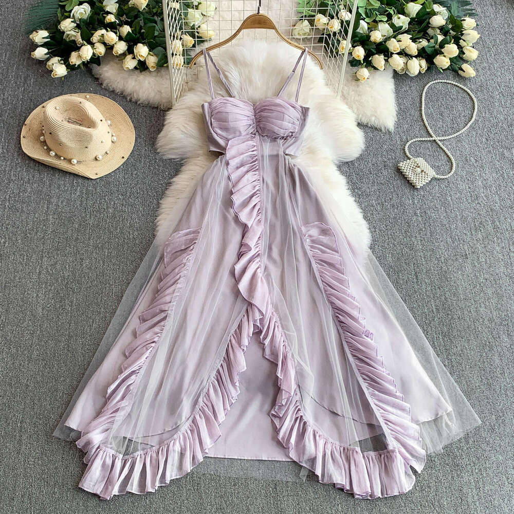 Designer seaside vacation style dress, chest cushion, shoulder strap, slim A12 fit, elegant mesh splicing, sexy ruffles