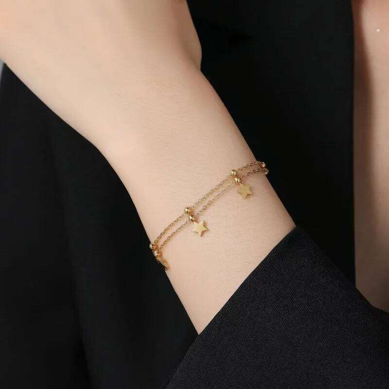 Charm Gold Color Stainless Steel Double-layer Five-pointed Star Round Bead Pendant Bracelet Anklets for Woman Jewelry Accessory Z260313