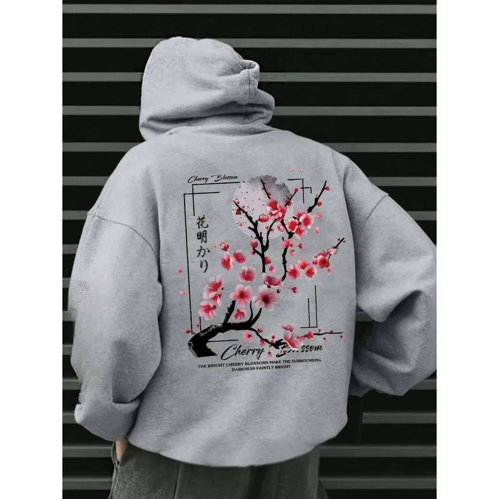 Men's fashionable clothing Cherry blossom and moon phase print pattern Comfortable hooded sweatshirt - Outdoor casual wear Z260314