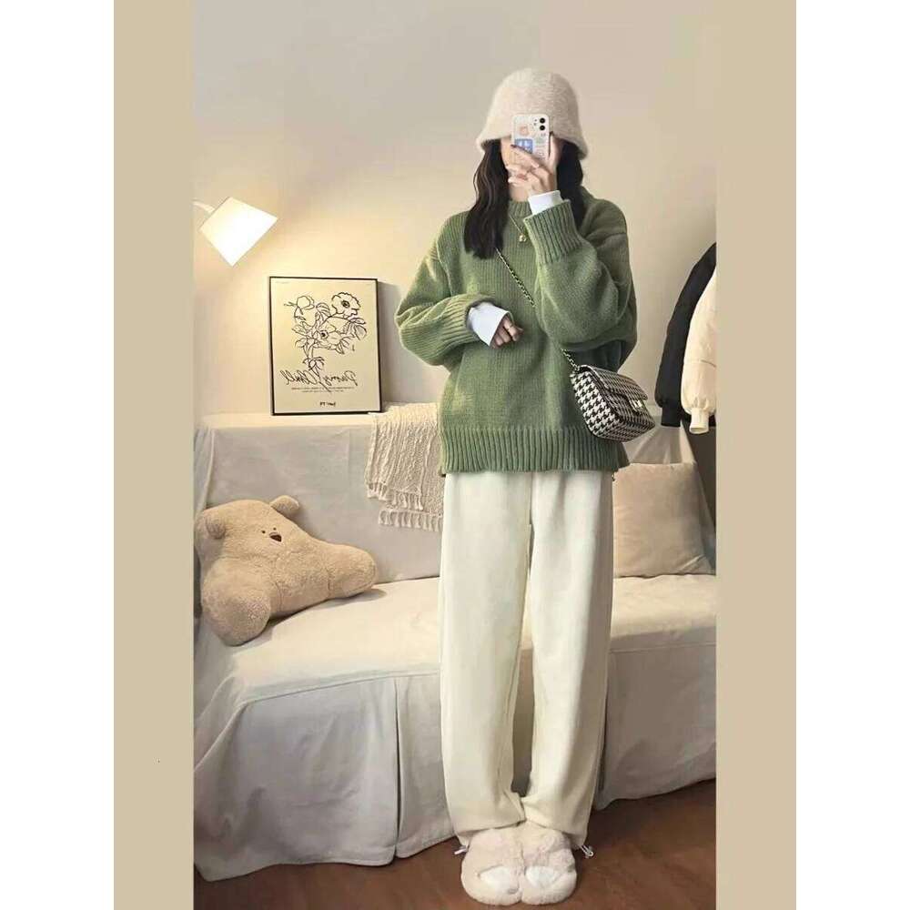 New O-Neck Loose Green Pullover Sweater For Women Autumn Winter Thick Retro Japanese Lazy Style Interior Bottom Knitted Top Z260313