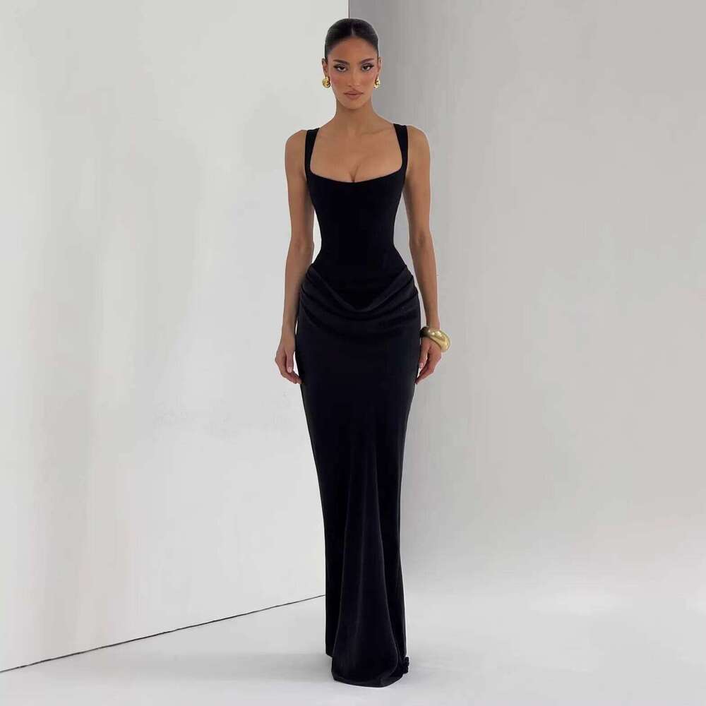 Cross-Border Spring 2026 Women's Slim Fit Fishbone Strap Long Pure Color Bodycon Dress Sexy Style Shoulderless Gown