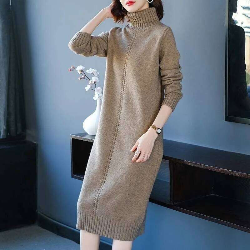 Autumn and Winter Knitted Base Layer with Long Turtleneck for Women Casual Solid Color Loose Sweater Dress Z260313