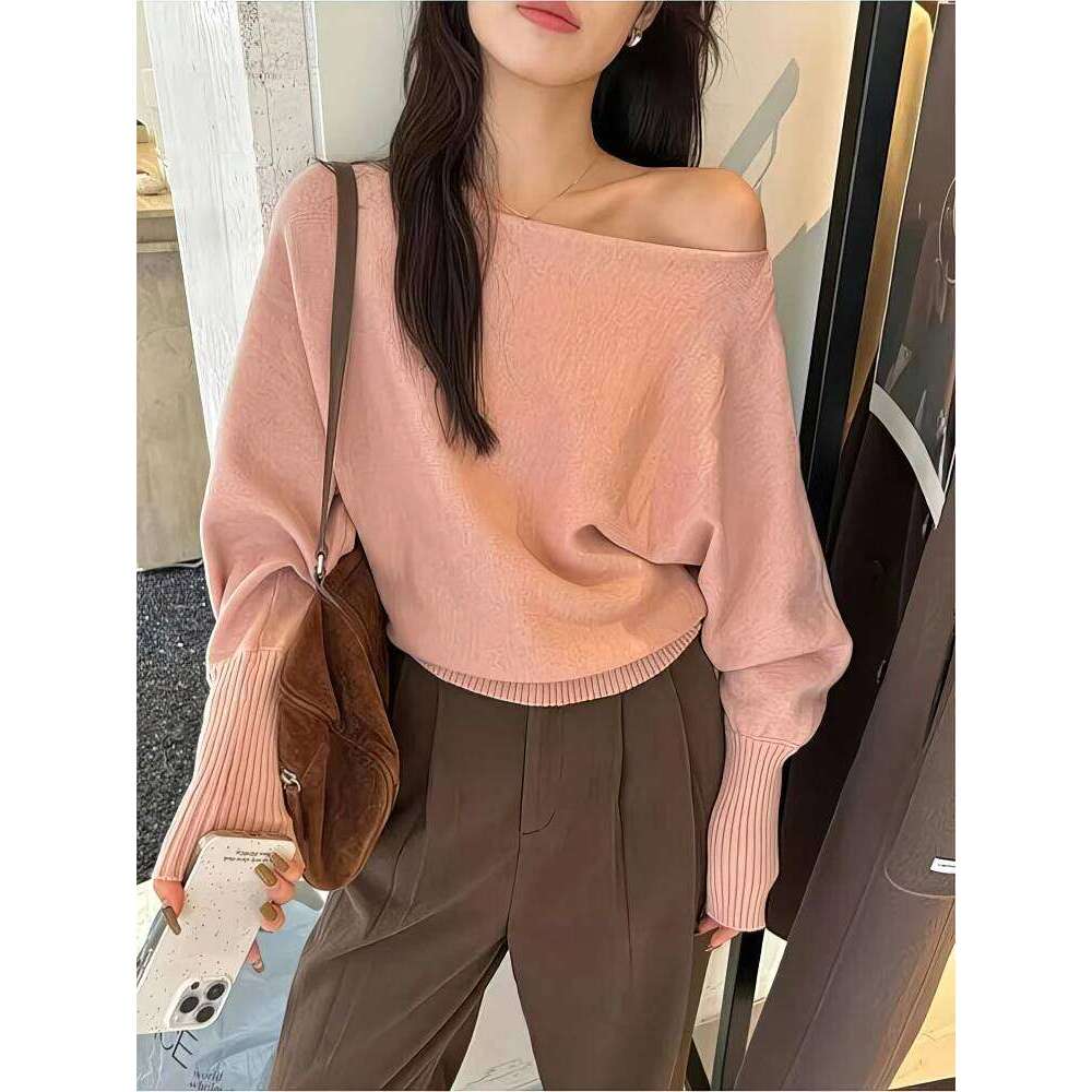 Batwing Long sleeve Knitted Pullover Women 300g Thick Off shoulder Top Korean Fashion Sweater Loose Casual Autumn Outwear Pull Z260313