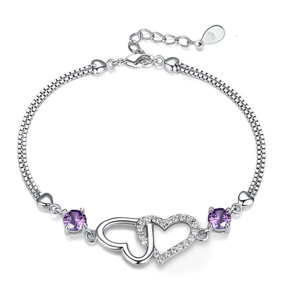S925 Sterling Silver Bracelet Inlaid With Natural Amethyst Zircon Heart Lady Bracelet, Charm Gift Wedding Jewelry Z260313