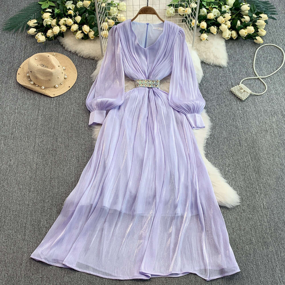 French high-end V-neck women's lantern sleeve dress with summer rhinestone decoration, waist cinching, slimming and elegant