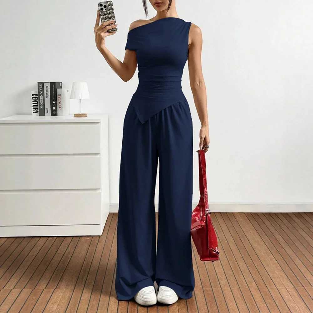 Sets Summer Casual Plain Asymmetrical Short Sleeve One-Shoulder T-Shirts Full Length Wide Leg Pants Sets For Women M260313