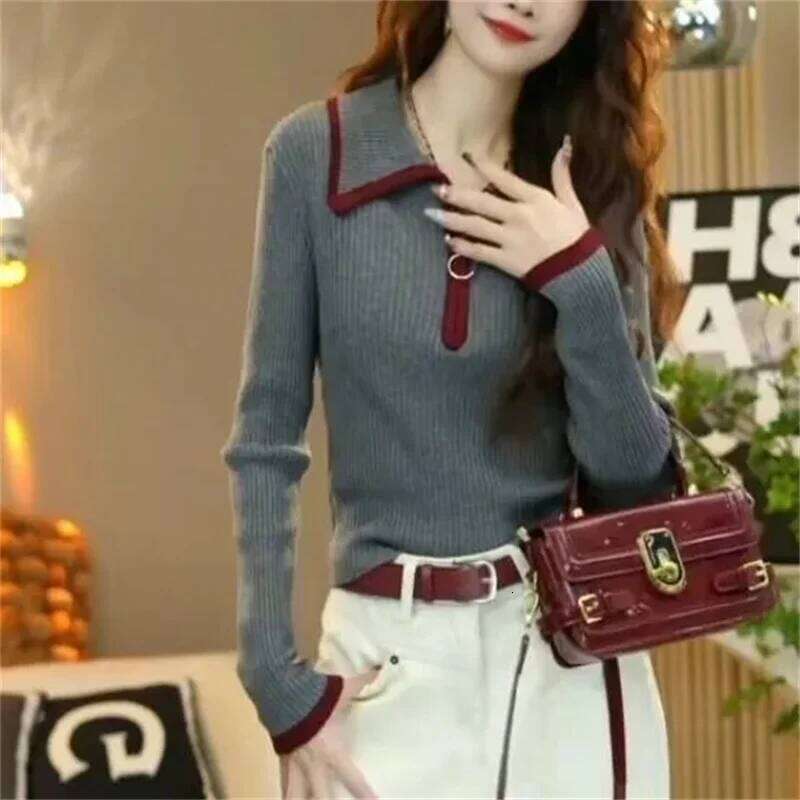 Zipper Lapel Sweater Women Autumn Winter Pullover 2026 New Color Blocked Long Sleeved Slim Knit Top Female Bottoming Shirt Z260313
