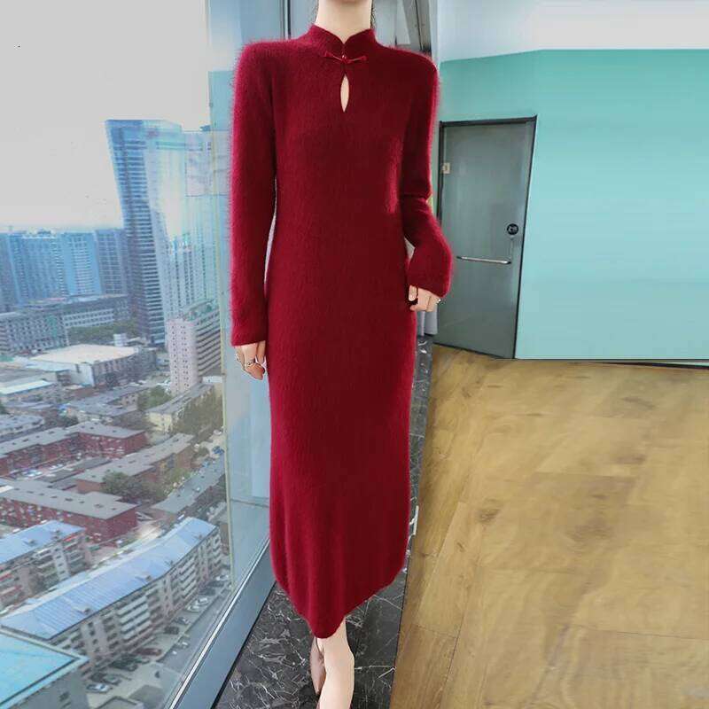 Women' 100%Pure Mink Cashmere Stand-Up Collar Buckle Slim Knit Long Skirt Fashion High Waist Over The Knee Bottoming Dress Z260314
