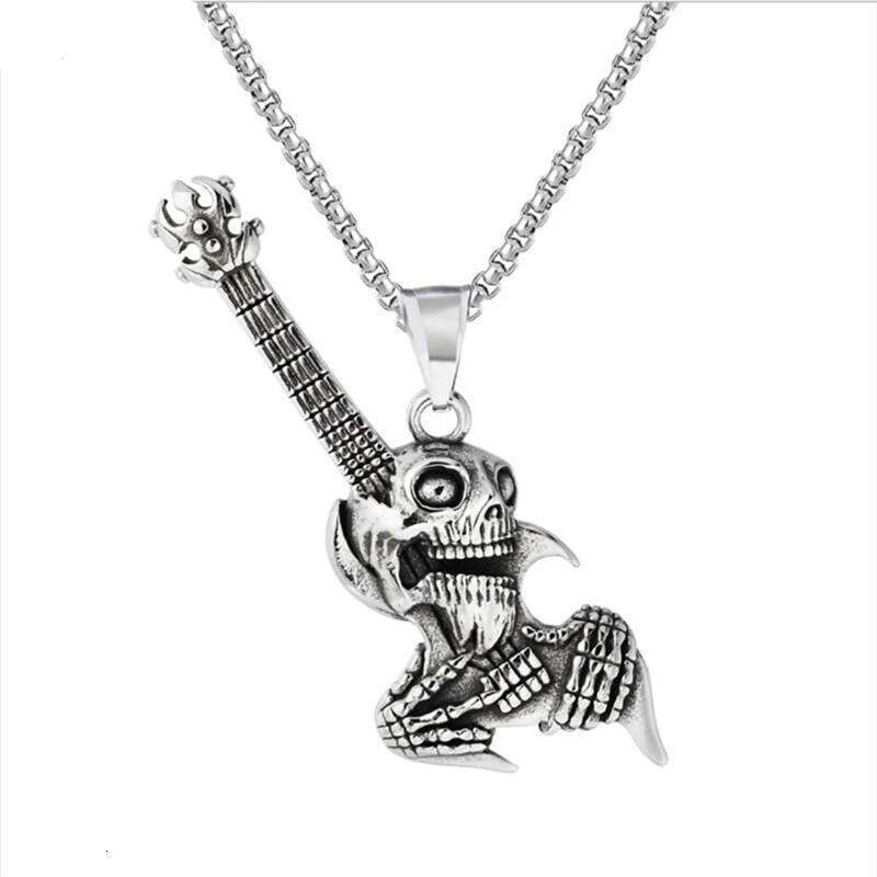 Hip Hop Rock Skeleton Men Guitar Instrument Pendant Necklace Retro Punk Silver Color Stainless Steel Chain Neck Jewelry Gifts H260312