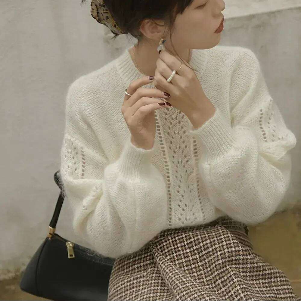 New 2025 Autumn Spring Soft Mohair Sweater Chic Women O Neck Knitted Hollow Out Lantern Sleeve Loose White Short Thin Pullover Z260313