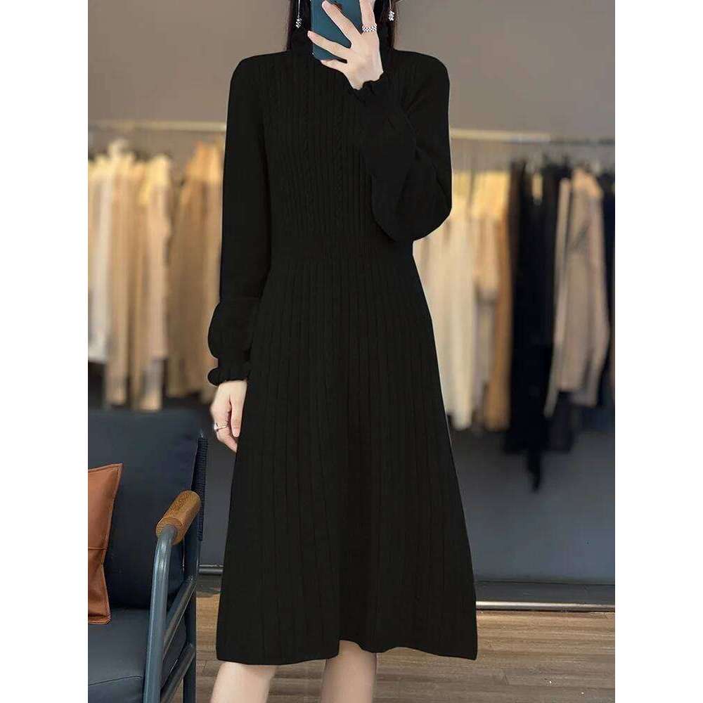 100% Merino Wool Women's Pullover Dress With Fungus Collar Autumn Winter Casual Fashion Knitted Cashmere Long Skirt Z260314