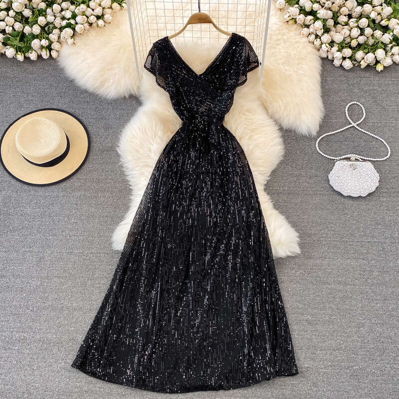 2026 sequin evening gown elegant V-neck dress for hosting and performances, long party dress with high waist, slim fit and wide hem