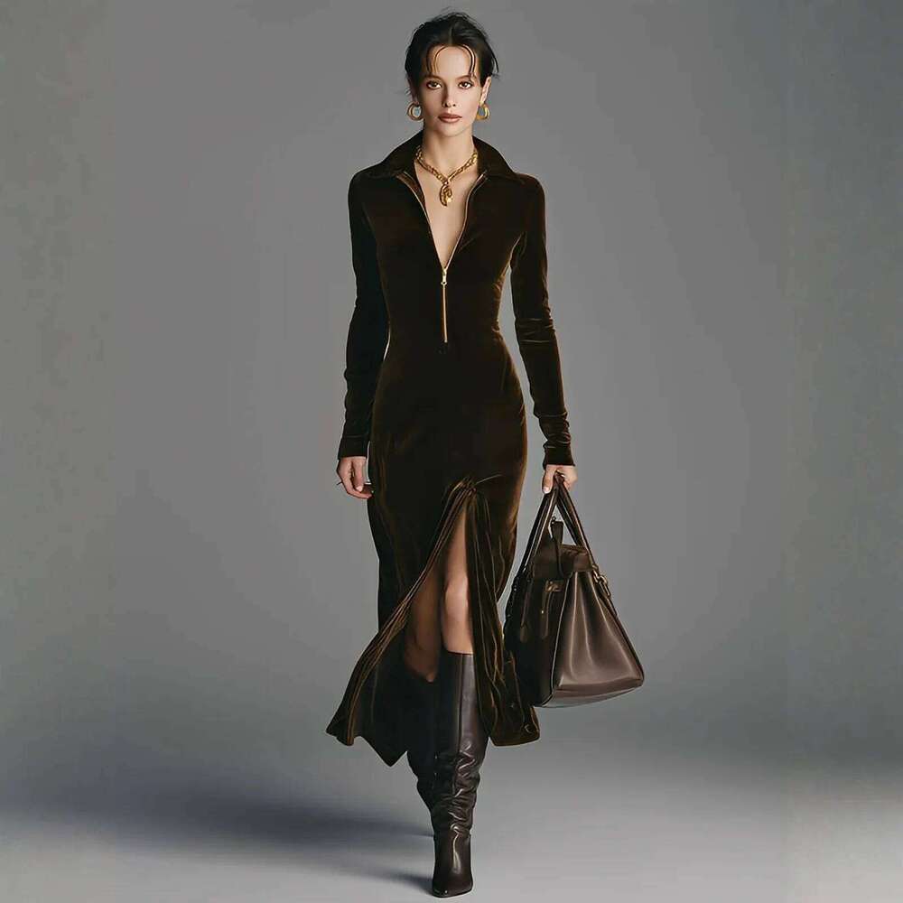 Collar Zipper Slit Solid Color Slim Fit Versatile Spring And Autumn Women'S Long Sleeved Dress Z260313