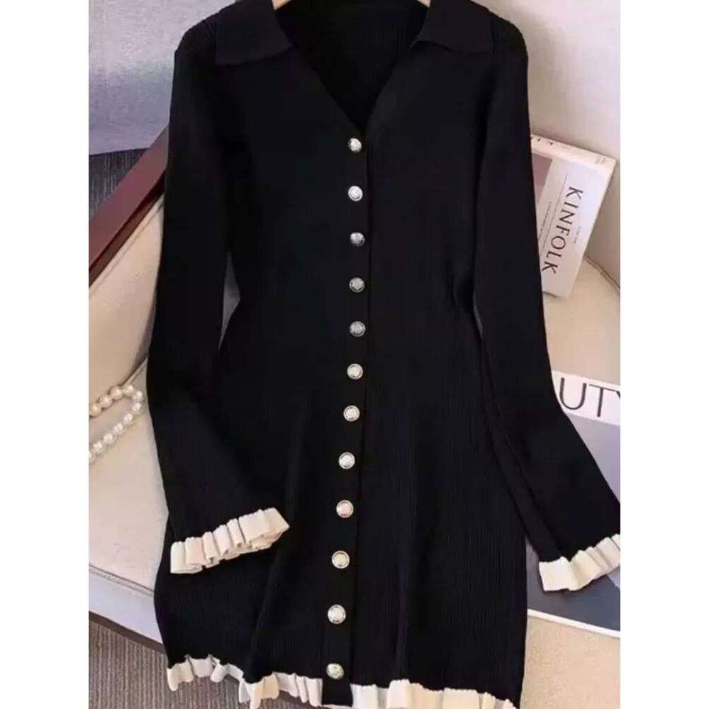 Women Knit Mini Dress Black Polo V Neck Button Cream Ruffle Long Sleeve Elegant Slim Fit 2026 Lady Spring Robe Daily Commute Z260313