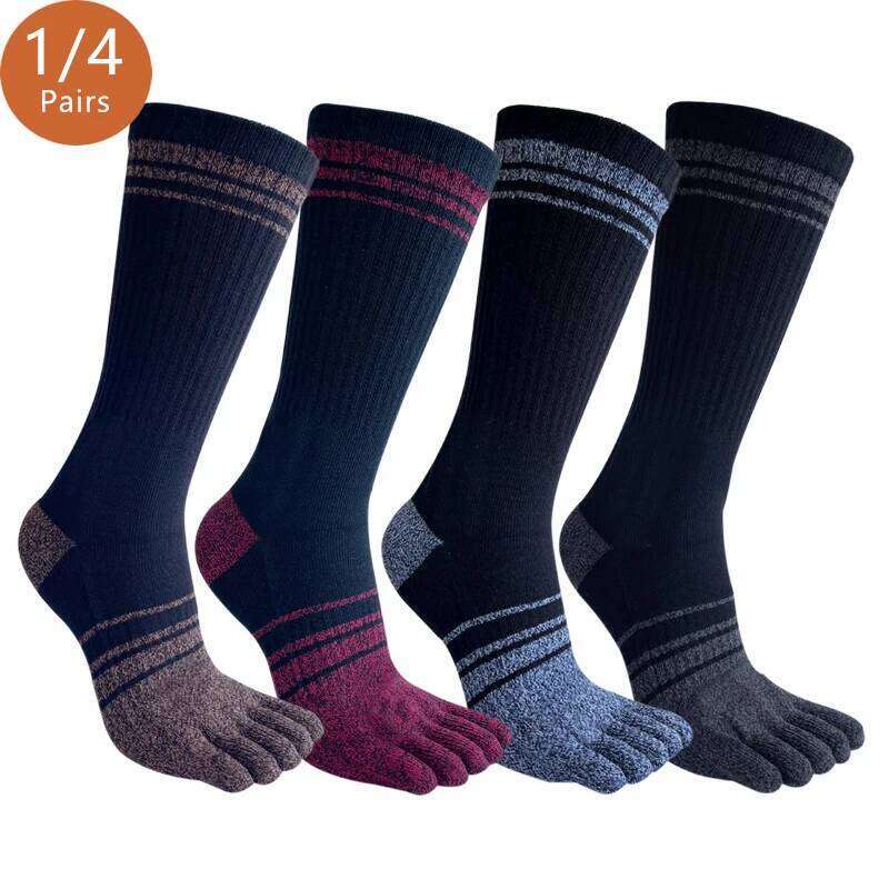 1/4 Pairs Long Five Finger Mans Pure Cotton Compression Striped Vintage High Tube Colorful Fitness Sport Toe Socks Student Z260313