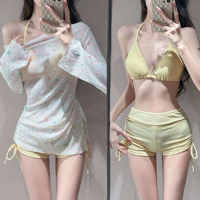 Long Sleeve Sun Protective Sweet Cute Star Print Bikini Three Piece Beach Rash Guard Coverup Swimsuit 26H0313