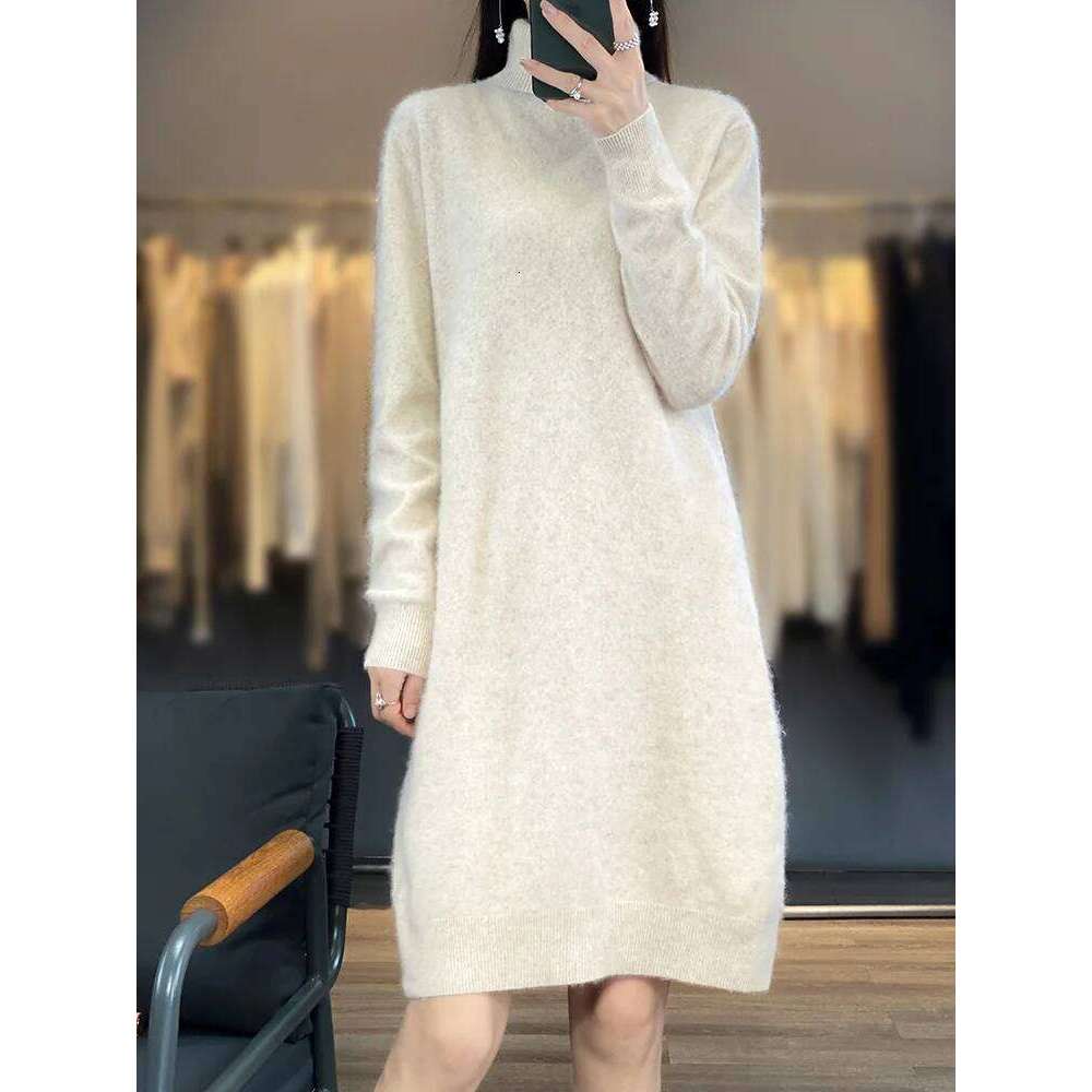 Aliselect 100% Mink Knitted Women High Lapel Fasion Sweater Pullover Turn-down Collar Cashmere Knee Length Dress Z260314