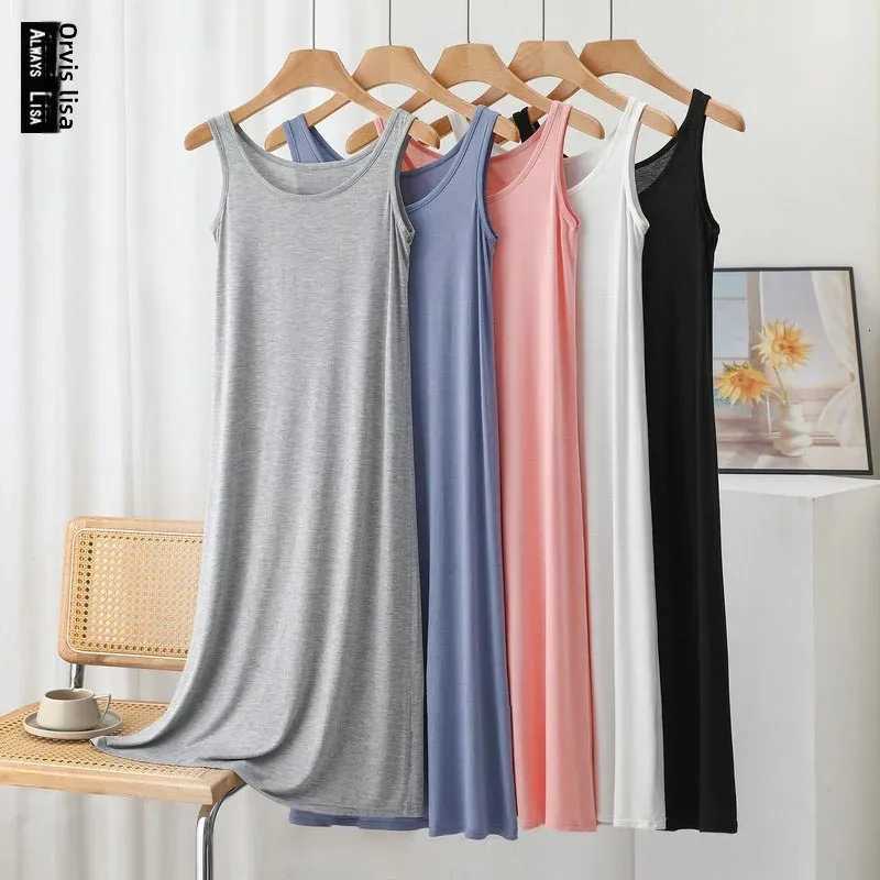 Plus Size Modal Long Dress Womens Spring Summer Loose A- Line Bottoming Skirt Home Sleepwear Sleeveless Pure Color GownT260314