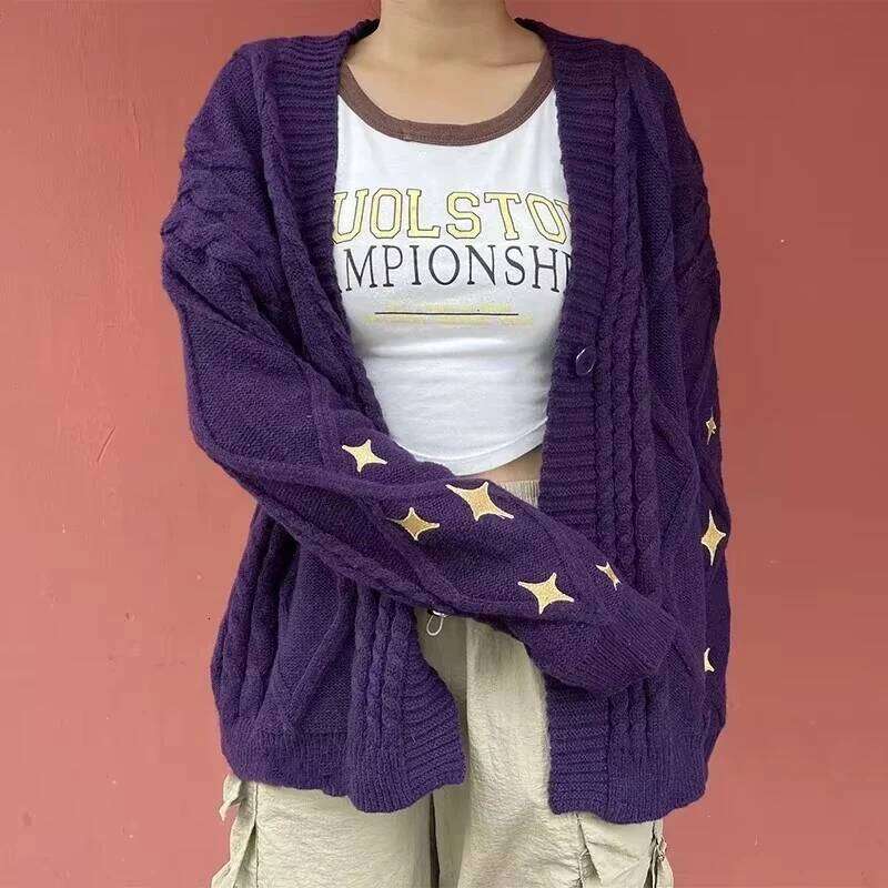 Speak Now TS Golden Star Embroidery Button Up Purple Sweater TV Album Cardigan Gift Fall Winter Vintage Outfit Z260313