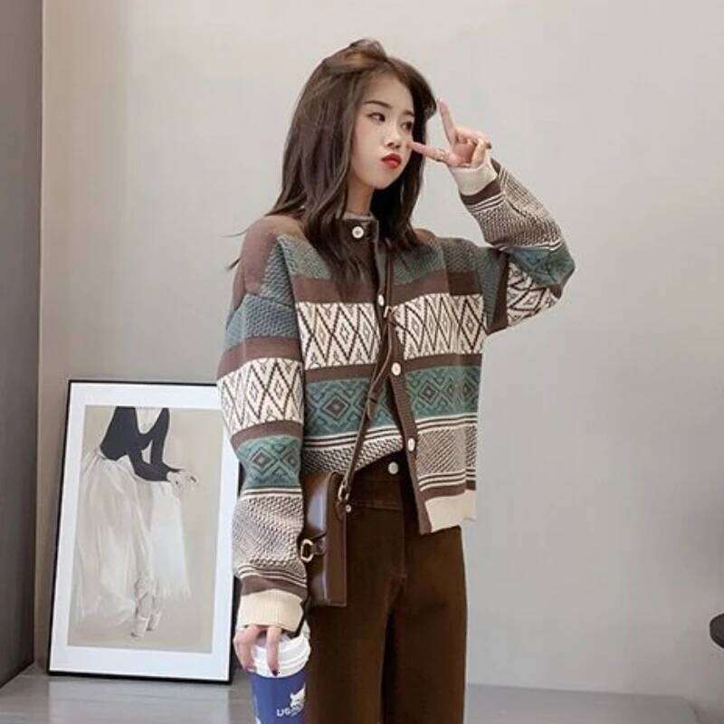 Striped Panelled Cardigan Women Vintage Design Casual Retro All-match Females Aesthetic Stylish Temperament Sweaters Clothing Z260313