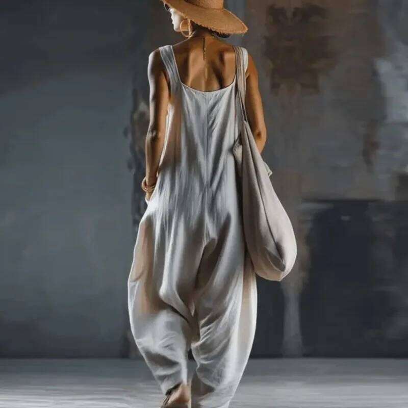 Spring Retro Solid Baggy Trousers Woman Jumpsuit Elegant Square Collar Strap Romper Summer Sleeveless Pocket Streetwear Overalls