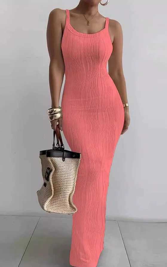 Europe and America cross-border spring and summer hot-selling solid color water wave pattern spaghetti strap long dressT260316