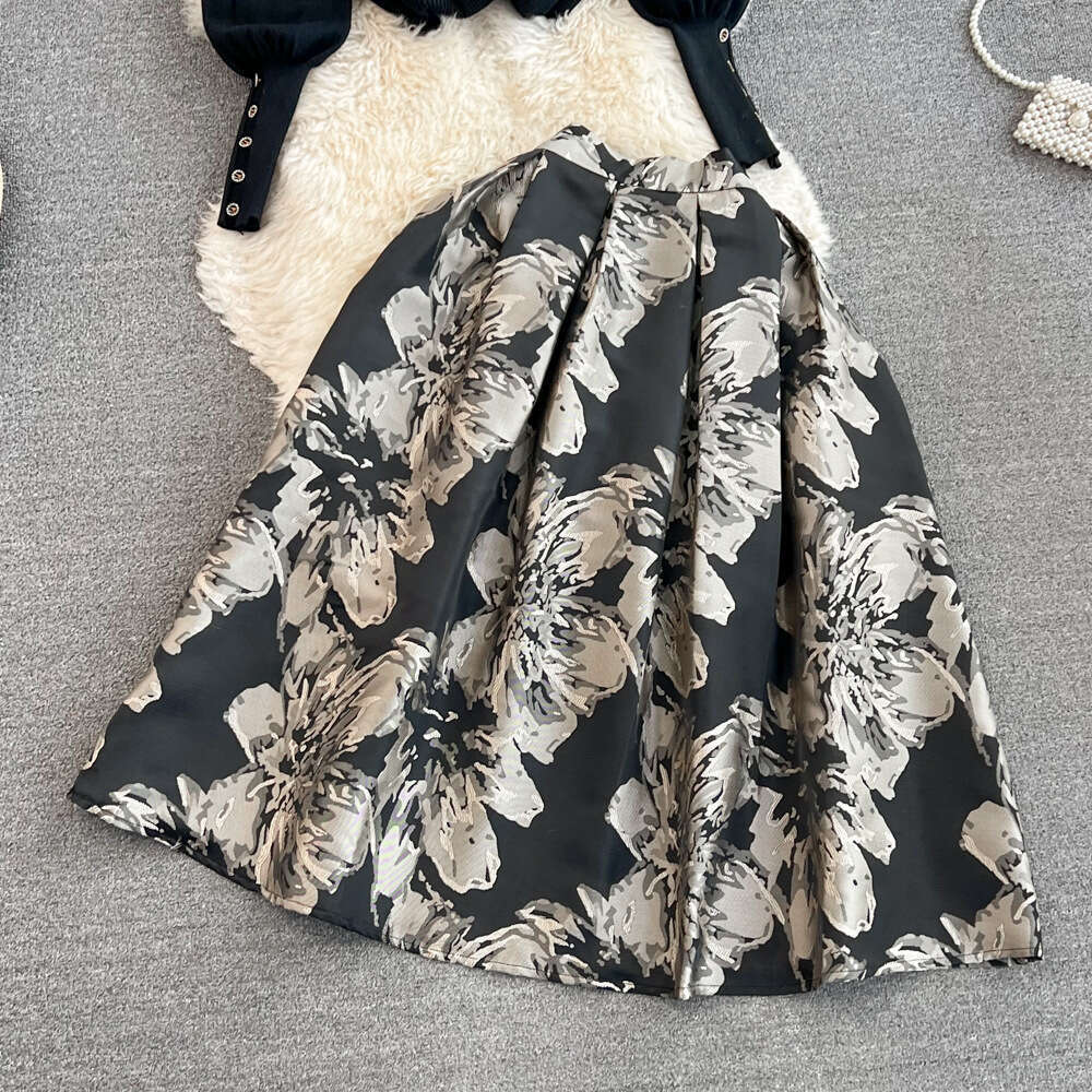 Autumn and Winter Korean A13 Elegant Lantern Long Sleeve Stand Collar Loose Knitted Top Two Piece Set High Waist A-line Skirt 2026