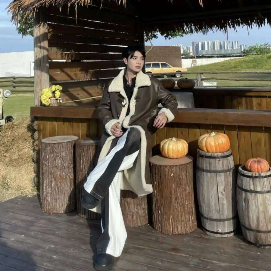 Trend Long Trench Men's Winter Lined Jacket Thicken Warm Versatile Faux Fur Coat PU Leather Overcoat New Z260313