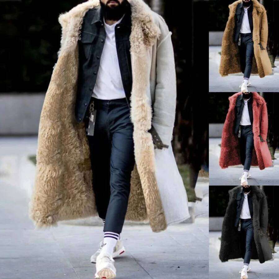Men's Autumn Winter Thick Coat Faux Fur Jacket Solid Color Long Sleeve Button Turndown Collar Warm Casual Fashion Overcoat Z260313