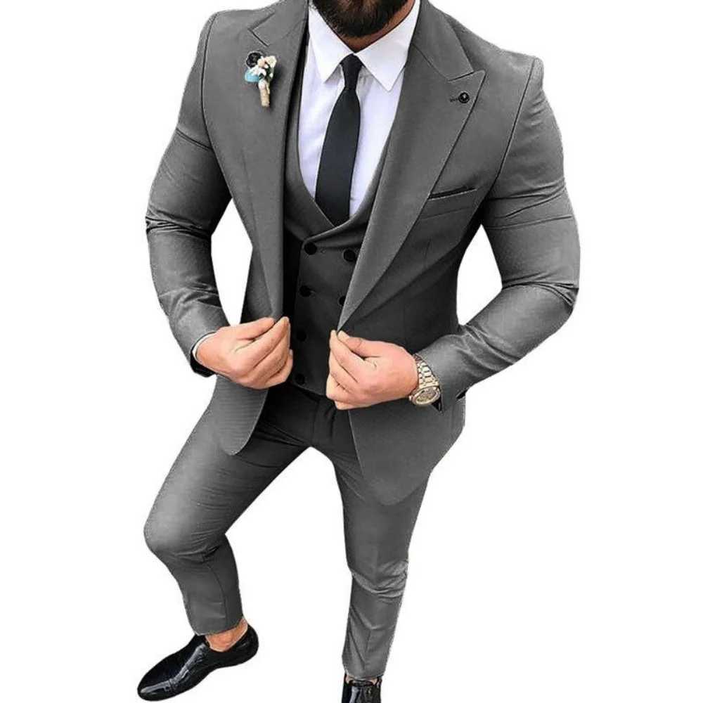 3PCS Mens Tuxedo Suits Set with Peak Lapel Blazer Double Breasted Vest And Pants for Wedding And Business Casual Occasions M260313