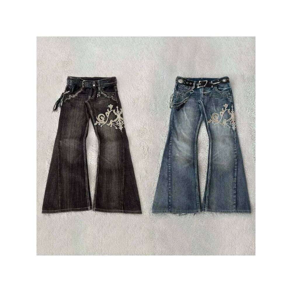 HOUZHOU Vintage Embroidery Patchwork Women Flared Jeans Y2k Harajuku Wide Leg American Style Denim Pants Baggy Punk Streetwear Z260313
