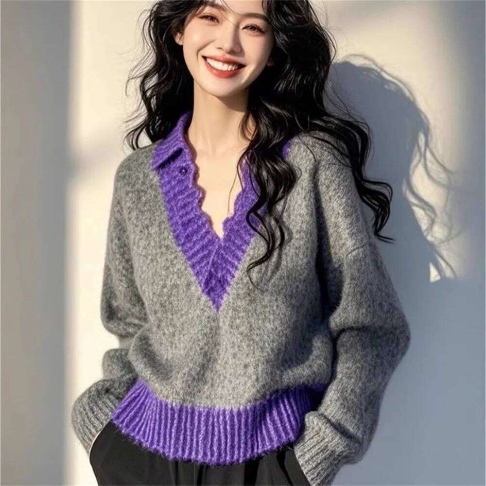 Women Knit Spring Autumn Clothing High Quality Elegant Beautiful Sweater Tops Purple Patchwork V-neck Loose Coat Z260313