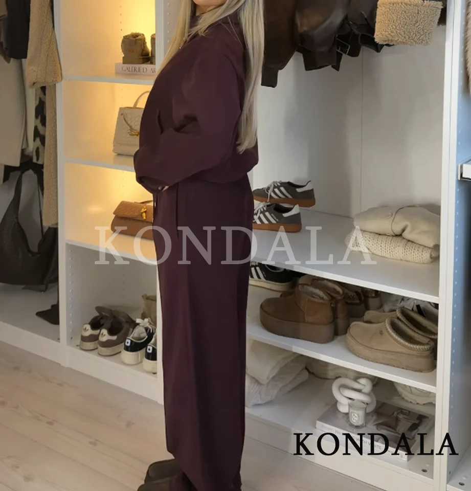 KONDALA Trendy Casual Pants Set Women Elegant High Street Loose Lapel Zipper Jacket Drawstring Trousers 2026 Spring Holiday Set M260313