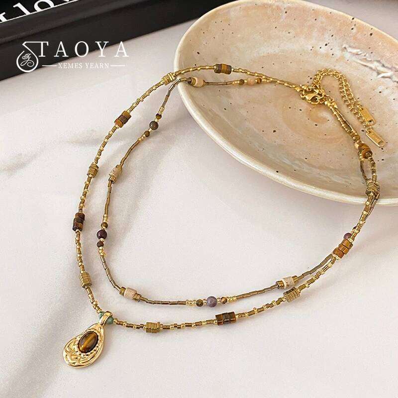 Mirad Retro Style Tiger Eye Stone Geometric Heterosexual Pendant Necklace Women's Sexy Clavicle Chain Trendy Jewelry Accessories H260312