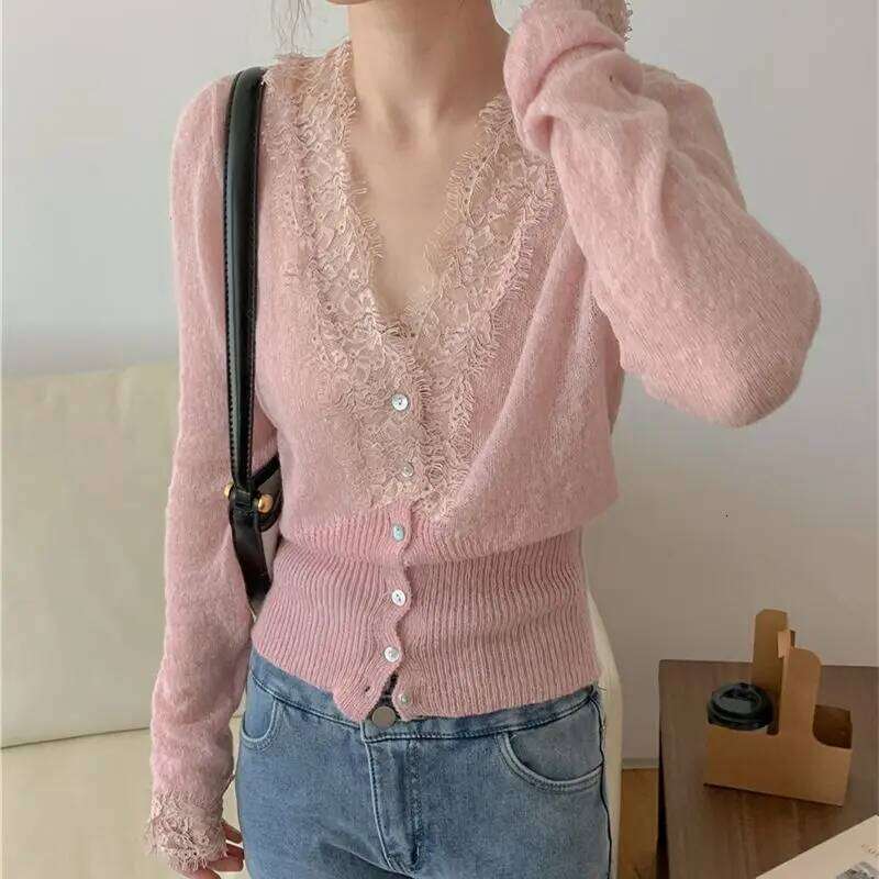 New 2025 Fashion Chic Vintage Sweater Lace Women Autumn Winter Knitted V-Neck Cardigans Elegant Tops Z260313
