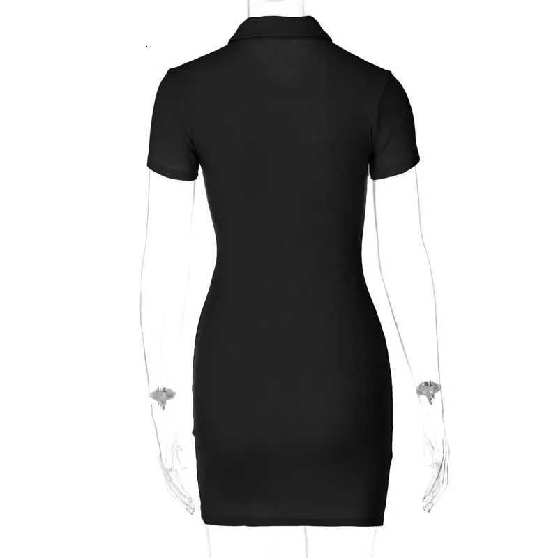 Womens EU US Black Short Sleeve Polo V-Neck Bodycon Knit Side Slit Mini Dress Daily Dating Party Spring Summer Casual WearT260314