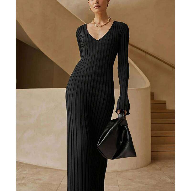 Autumn Winter Round Neck Solid Color Pleated Robe Femme Long Sleeve Knitting Ankle Length Vestidos Women Slim Bottoming Dress Z260314