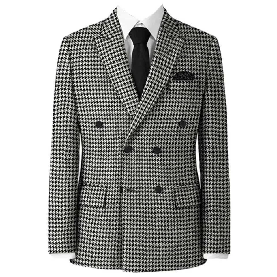Plaid Blazer 2024 for Men 1 PCS Suit Jacket with Side Slit Slim Fit Houndstooth Checked Casual Coat 2024 WeddingOnly Coat M260313