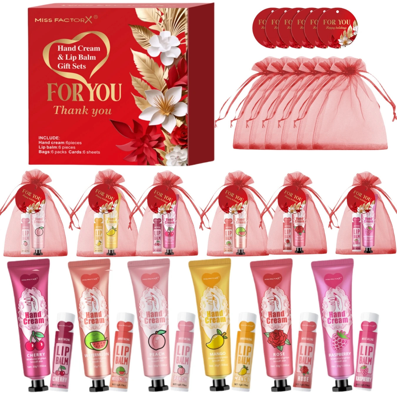 24PCS/box bulk Lip balm bulk Hand cream bulk Red thank you card and red gauze bag lywed Thank you gifts to guests Christmas N 260304
