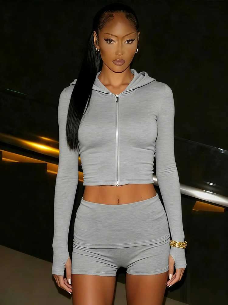 Weird Puss Sporty Tracksuits 2-Piece Set Women Hooded Zip JacketShorts Matching Simple Basic Classic Sexy Stretch Slim Outfits M260313