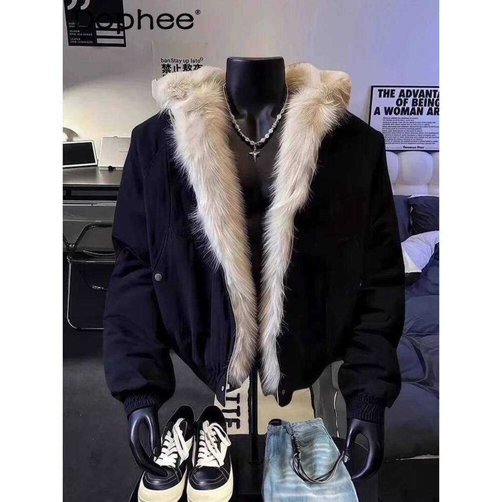 American Retro Trend Faux Fur Hooded Jacket for Men Winter Warm Thick Fashion Versatile Cotton Coat Z260313